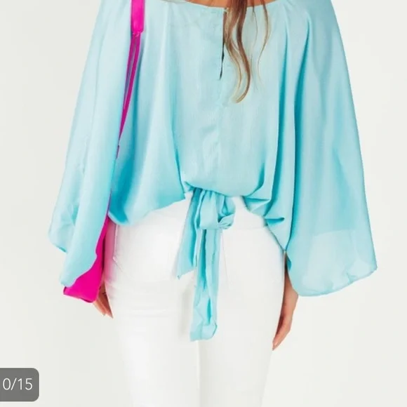 NWT Glam Kimono Blue Tie Back Silky Top size M - Stunning - Picture 3 of 6